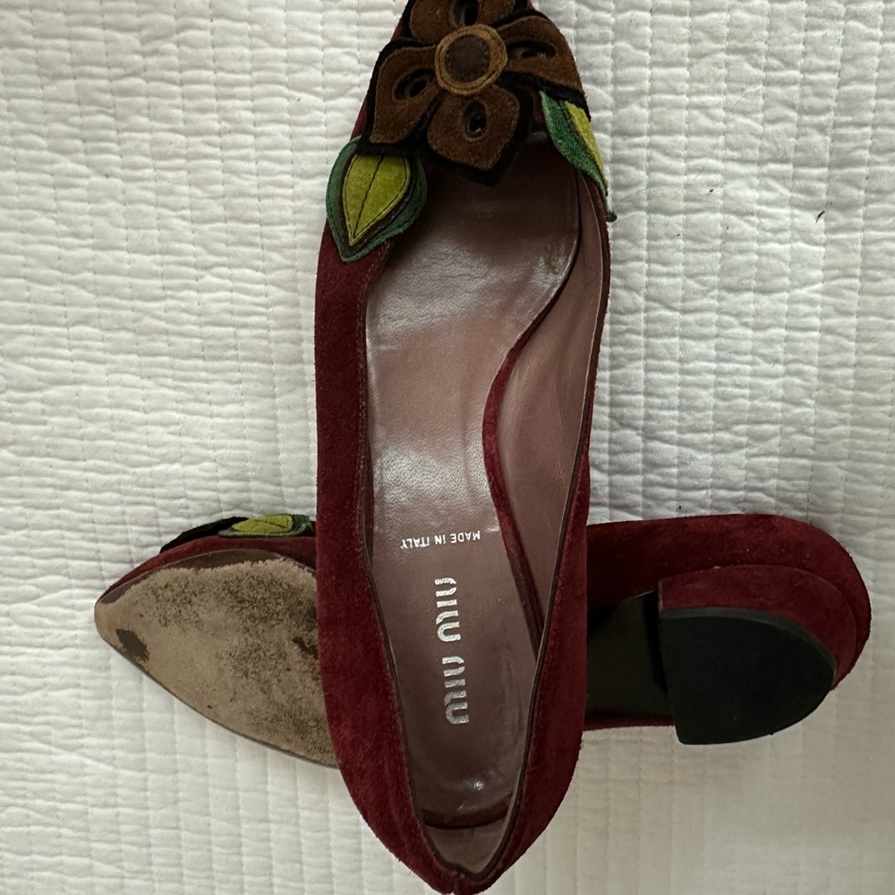 Miu Miu Burgundy Suede Floral Loafers
